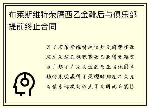 布莱斯维特荣膺西乙金靴后与俱乐部提前终止合同